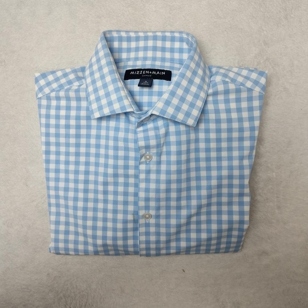 Mizzen+Main Shirt Mens‎ S Blue Gingham Slim Dress Button Long Sleeve Spread SPOT